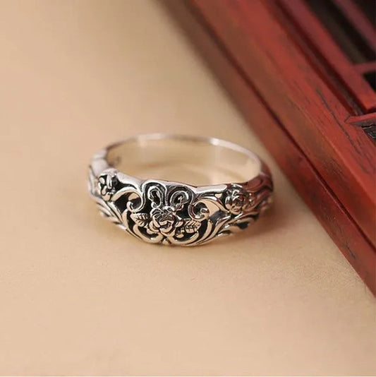 Exquisite Silver-Plated Vintage Silver Black Rose Flower Ring Bride Wedding Party Ring Couple Gift Jewelry (Size: 5-11)