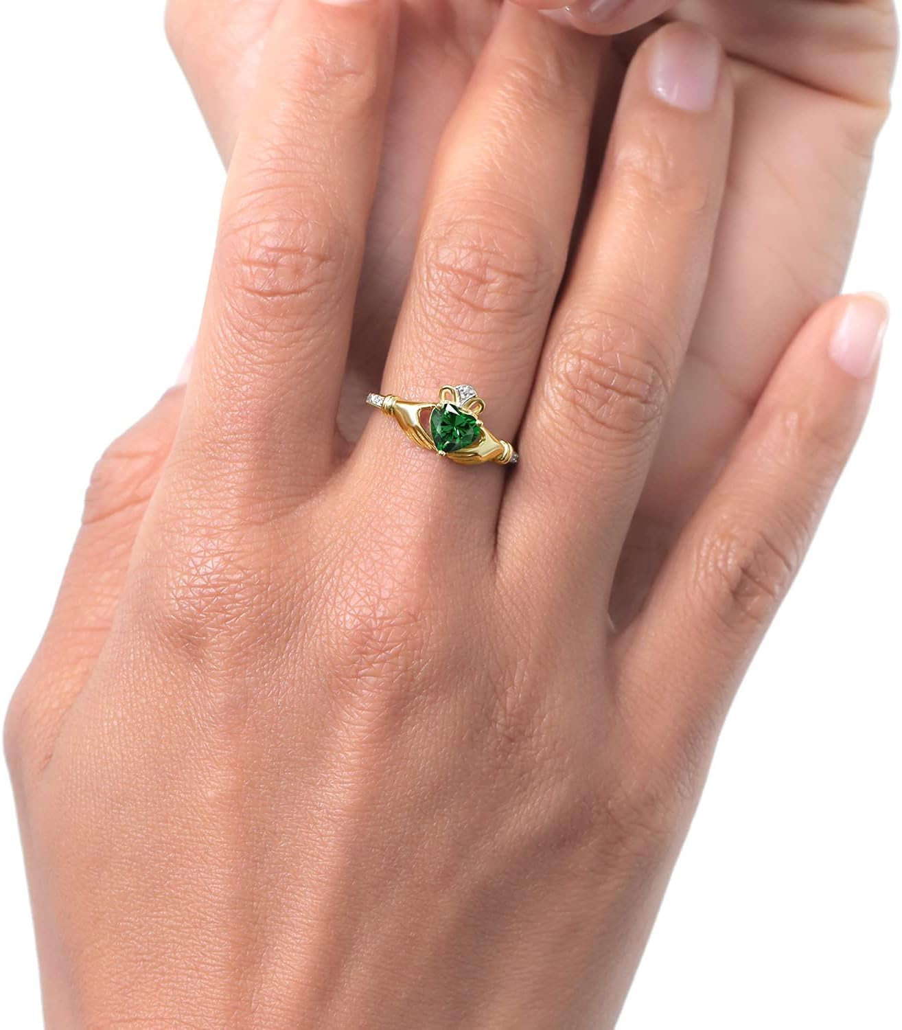10K Yellow Gold 6MM Heart Shape Gemstone Birthstone and White Diamond Irish Celtic Claddagh Engagement Ring | Gold Ring for Women | Available in Size 5, 6, 7, 8, 9