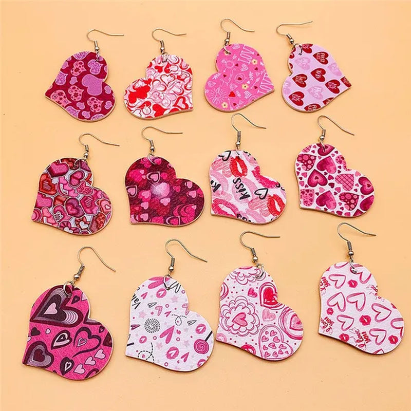 Europe and America 2021 New Valentine'S Day Leather Heart-Shaped Love Red Lips Double-Sided Printing PU Earrings