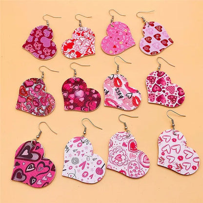Europe and America 2021 New Valentine'S Day Leather Heart-Shaped Love Red Lips Double-Sided Printing PU Earrings
