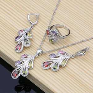 925 Silver Bridal Jewelry Sets Multicolor Topaz Charm for Women Party Plant Design Ring Bracelet Set