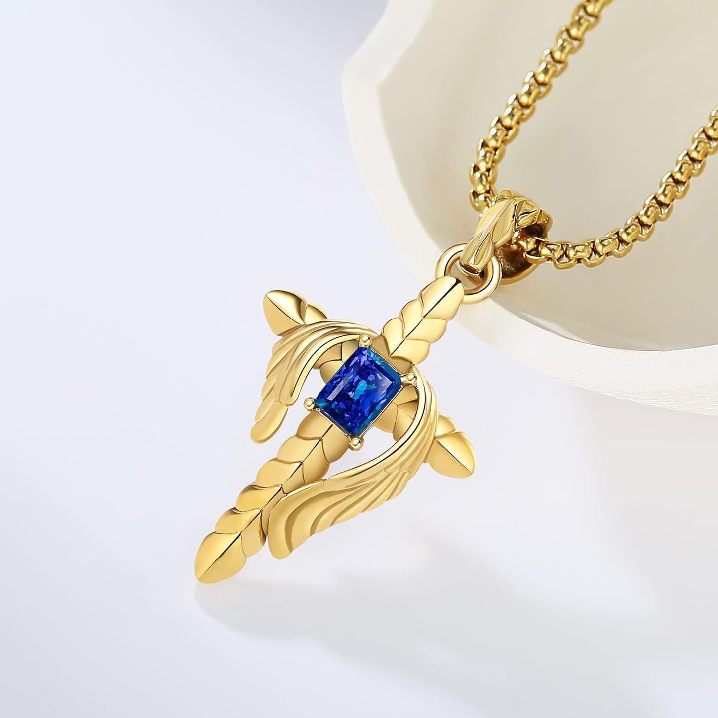 Cross Necklace for Men Women, Angel Wings Stainless Steel Pendant with Created Sapphire Blue Stone, 14K Gold Plated Titanium Steel, Inspirational Faith Jewelry Gifts, 24 Inches Chain (Gold)