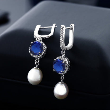 925 Sterling Silver round 8MM Gemstone Birthstone and 11X8MM Cultured Freshwater Pearl Drop Dangle Earrings for Women