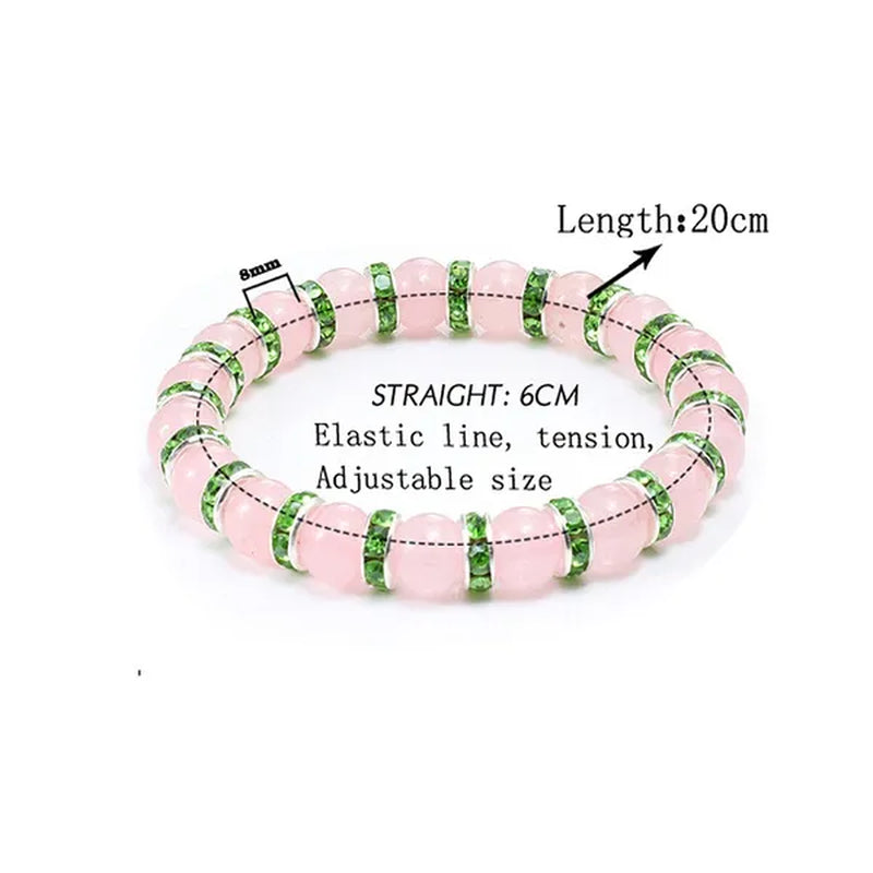 Natural Stone Pink Crystal Quartz &White Porcelain Rhinestones Bracelets & Bangles Charm Powder Beads Strand Bracelet Love Gifts for Women Men Casual Jewelry