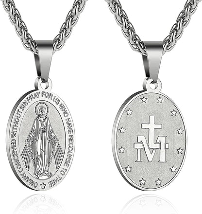 Virgin Mary Necklace for Men Boys Miraculous Medal Stainless Steel Mary Mother of God Pendant De La Virgen Maria Medallion Holy Mary Charm