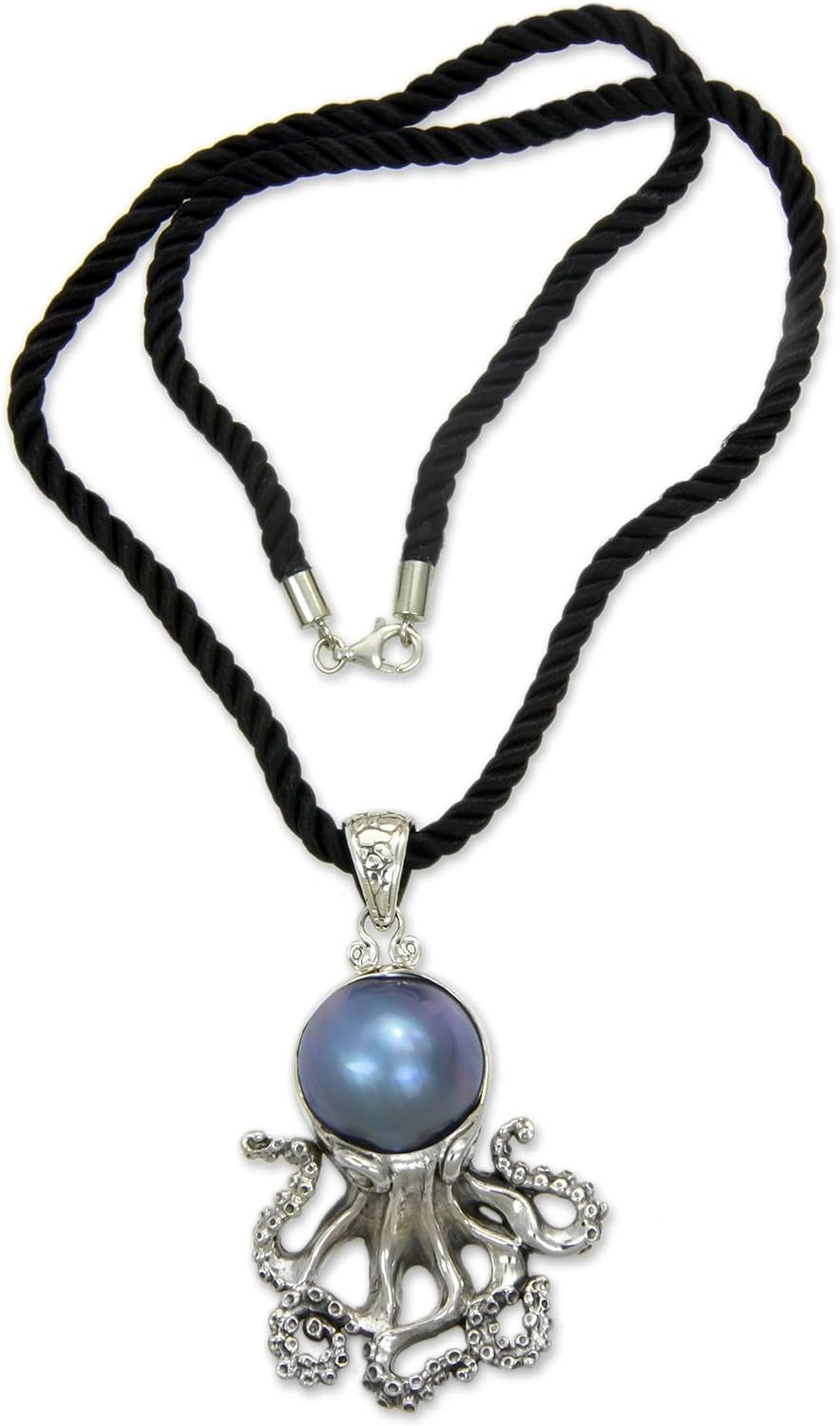 Artisan Handmade Cultured Freshwater Pearl Pendant Necklace .925 Sterling Silver on Silk Dyed Blue Cord Indonesia Animal Themed Birthstone 'Blue Octopus'