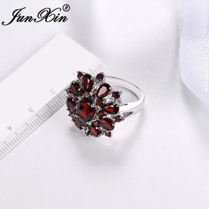 Junxin Fashion Full Of Garnet Red Ruby Wedding Ring Silvery Engagemnet Jewelry Size 6 7 8 9 10