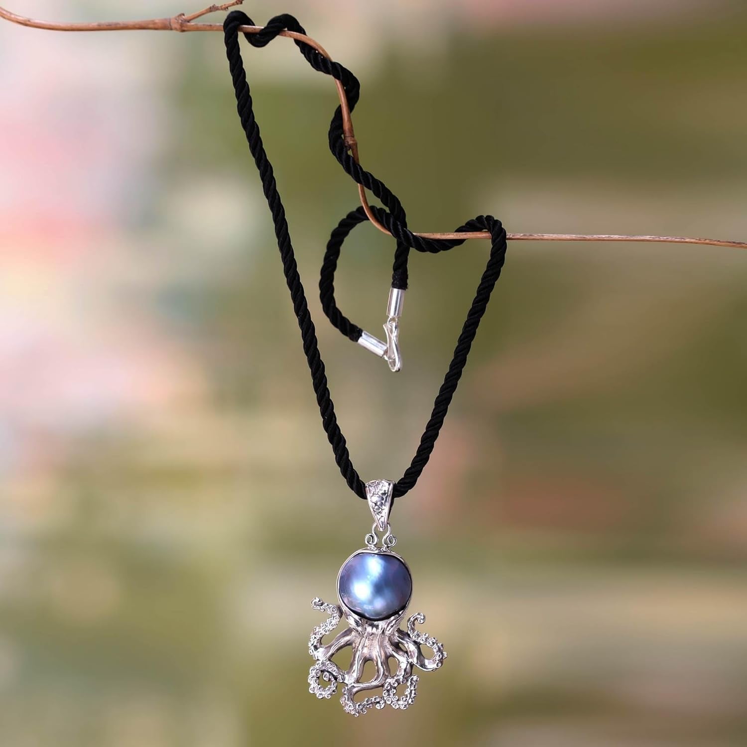 Artisan Handmade Cultured Freshwater Pearl Pendant Necklace .925 Sterling Silver on Silk Dyed Blue Cord Indonesia Animal Themed Birthstone 'Blue Octopus'