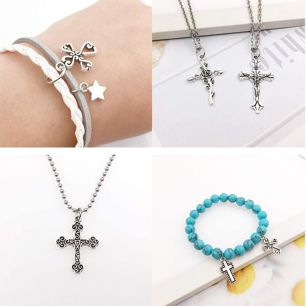 100Pcs 13X27Mm Silver Small Cross Charms Pendants Beads for Jewelry Making Crafting Findings Accessory for DIY Necklace Bracelet (7916)
