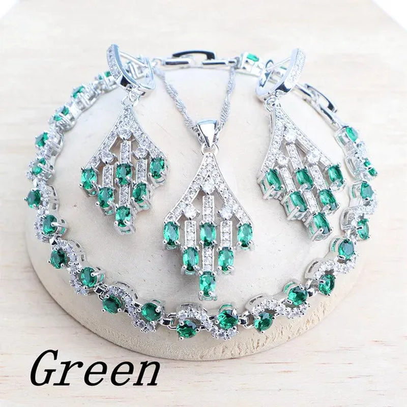 Blue/Red/Green/Purple Zircon 925 Silver Jewelry Set For Women