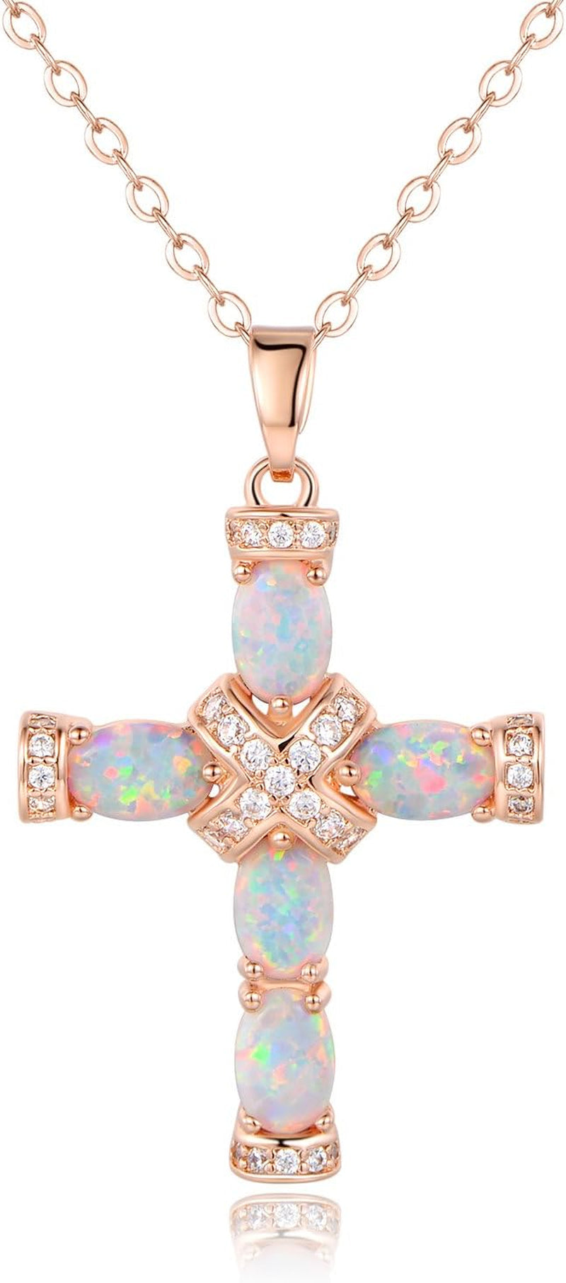 18K Gold Plated Created Opal Cross with Chain, 18 Inches with 2 Inches Extension