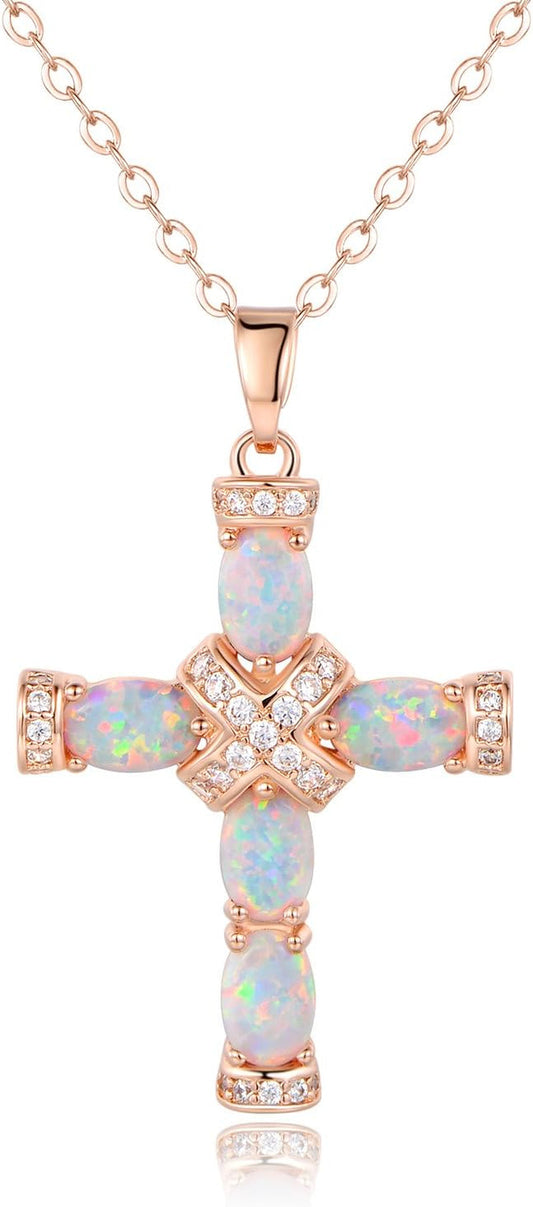 18K Gold Plated Created Opal Cross with Chain, 18 Inches with 2 Inches Extension