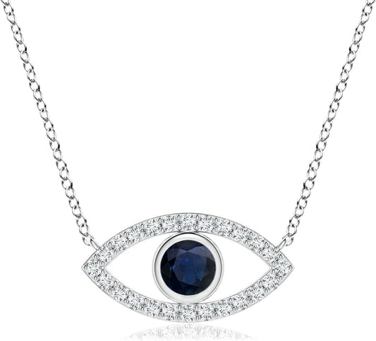 Natural Blue Sapphire Evil Eye Pendant Necklace in 14K Solid Gold for Women, Girls | September Birthstone Jewelry Gift for Her |Wedding | Anniversary | Engagement