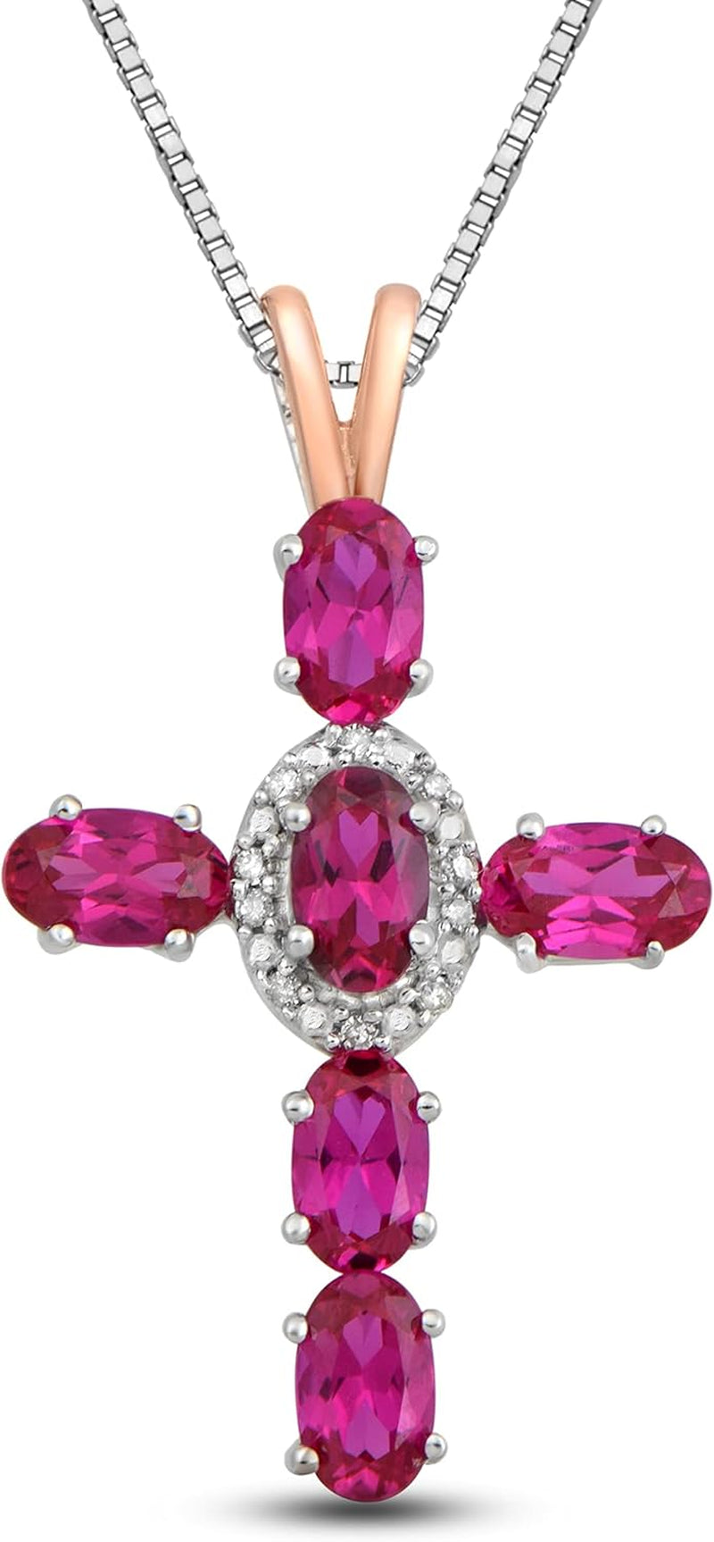Rose Gold over Sterling Silver 5X3 MM Oval Cut Created Ruby and Natural White round Diamond Accent Cross Pendant Necklace, 18" Box Chain