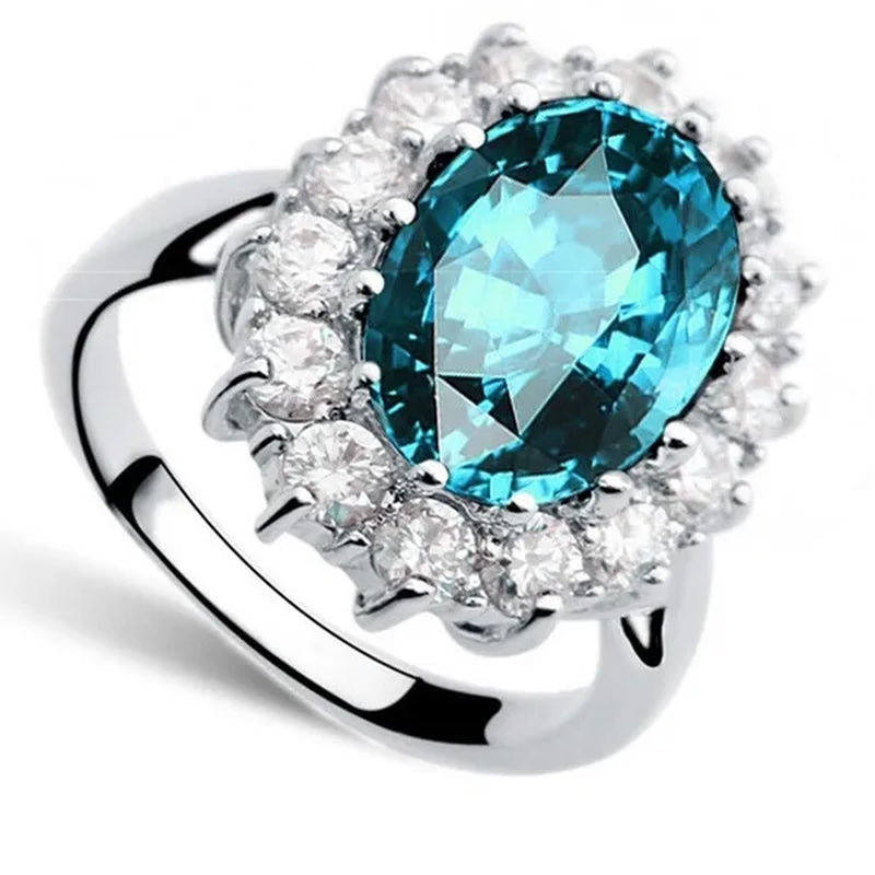 Fashion Natural 925 Silver Sapphire Ring Earring Necklace Set Ladies High-End Crystal Diamond Three-Piece Set Women'S Wedding Jewelry Party Gift Europe and America