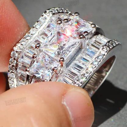 Luxury Silver White Sapphire Flower Ring Natural Gemstones Birthstone Engagement Rings Wedding Anniversary Bride Women Man Princess Cross Ring Size 6 7 8 9 10