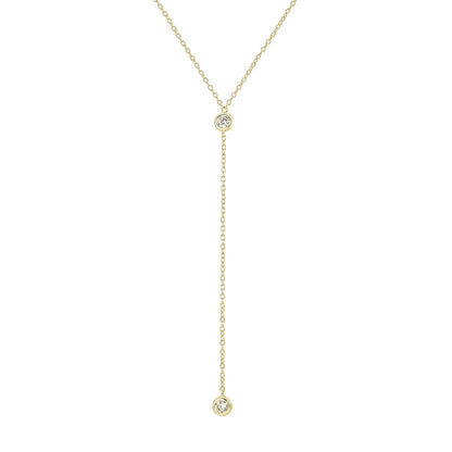 14K Gold Vermeil Lariat Necklace with 2 CZ Diamond in a 3.25" Dainty Drop Pendant, 16" - 19" Gold Dipped Sterling Silver Long Necklace for Women