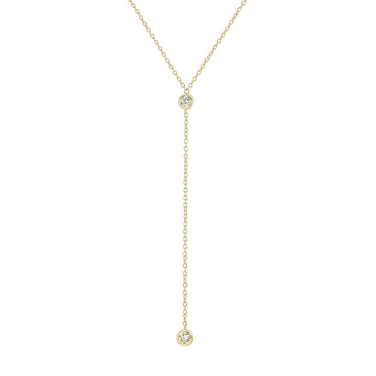 14K Gold Vermeil Lariat Necklace with 2 CZ Diamond in a 3.25" Dainty Drop Pendant, 16" - 19" Gold Dipped Sterling Silver Long Necklace for Women