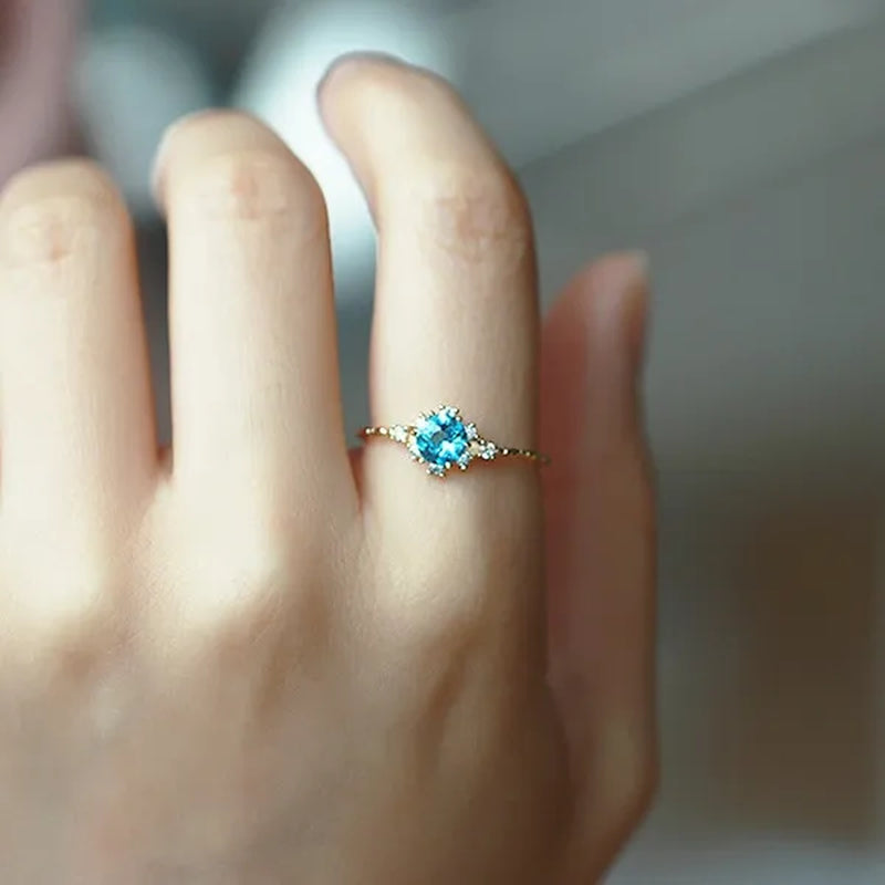 Women Dainty Seablue Sapphire Gemstone Diamond 18k gold plated  plated Rings Wedding Engagement Courtship Ring Accessories