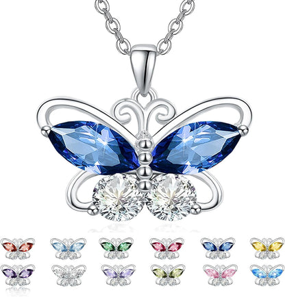 12 Birthstone Butterfly Pendant Necklace for Women Girls 925 Sterling Silver Cubic Zirconia Butterfly Jewelry Christmas Wedding Birthday Gifts for Mom Wife Daughter