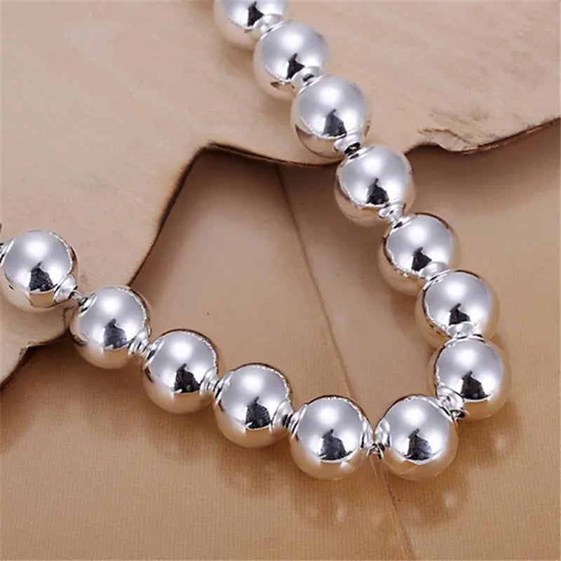 Fashion 925 Sterling Silver 8mm Hollow Smooth Round Beads Necklace Bracelets Set for Women Wedding Engagement Party Jewelry
