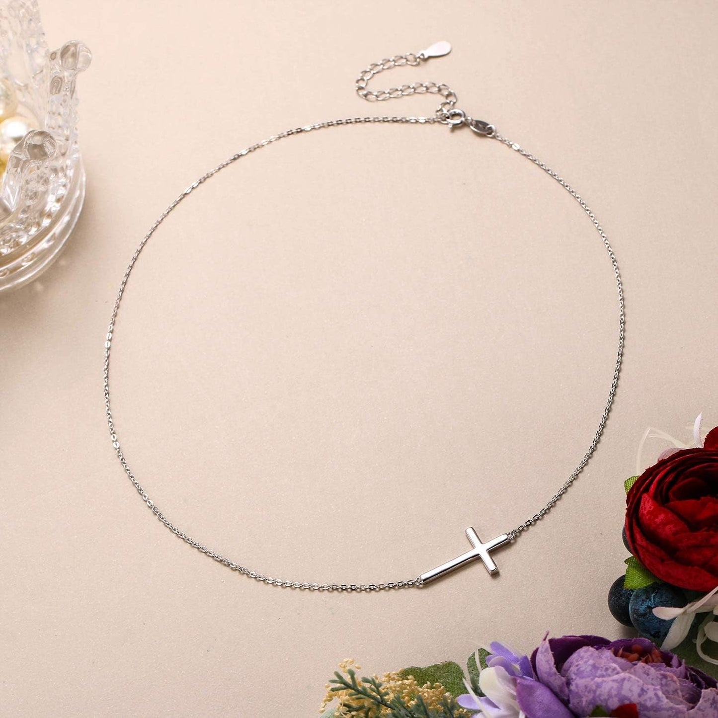925 Sterling Silver Simple Sideways Cross Pendant Choker Necklace Birthday/Mothers Day/Valentines/Christmas Jewelry Gift for Women