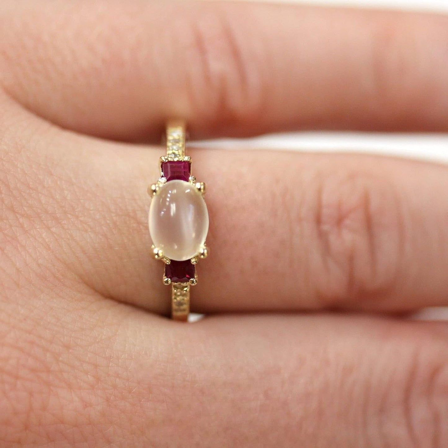 Solid 18K Yellow Gold 2.65 Ctw Natural Cabochon Moonstone, Red Ruby and Diamond 3 Stone Engagement Ring for Women 6 Mm - Handmade in USA - July Birthstone - Size 8.75 US