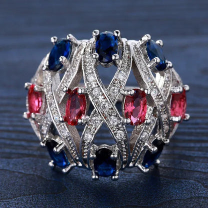 Silver Natural stones Ruby and Emerald and Sapphire White Sapphire Wedding Birthstone Bride Engagement Ring Jewelry