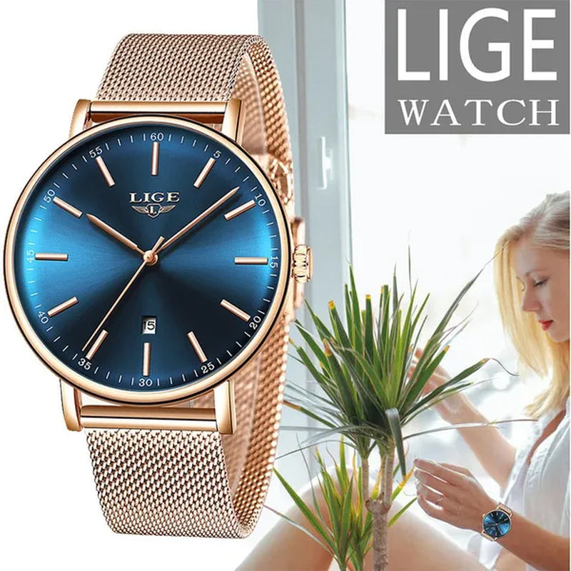 2019 LIGE Luxury Rose Gold Ladies Watch Simple Fashion Casual Ladies Watch Ultra-Thin Waterproof Quartz Watch Montre Femme