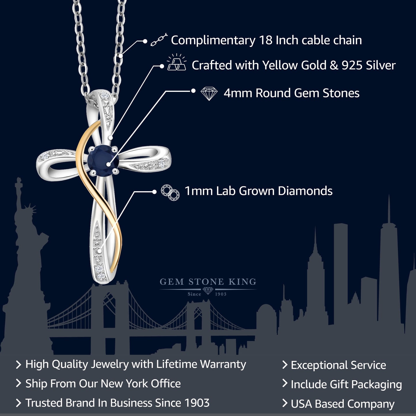 925 Sterling Silver and 10K Yellow Gold 2 Tone Blue Sapphire and White Lab Grown Diamond Infinity Cross Pendant Necklace for Women (0.38 Cttw, with 18 Inch Chain)