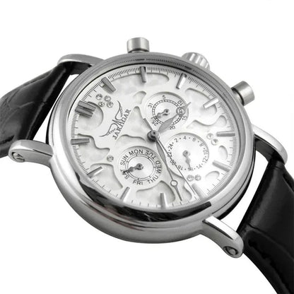 JARAGAR Automatic Mechanical Genuine Leather Strap Wrist Watch Luxury Gift For Men Fashion White Crystal Diamond Jewelry Accessories