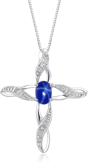 Necklace Sterling Silver 925 Cross Necklace with Gemstone & Diamonds Pendant with 18" Chain 7X5MM Birthstone Womens Jewelry Silver Necklace for Women Diamond Necklace