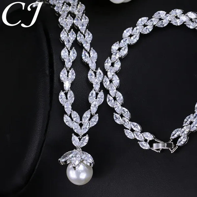CANDICE Elegant Bridal Accessories AAA Cubic Zirconia with round White Pearl Pendant Necklace Earrings Wedding Jewelry Sets for Women