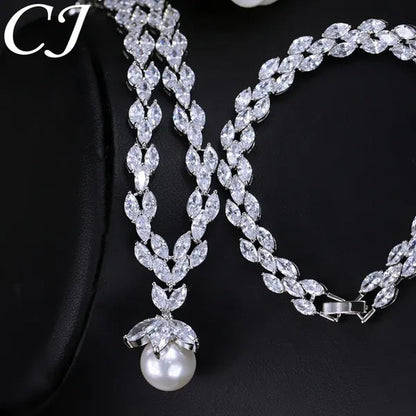 CANDICE Elegant Bridal Accessories AAA Cubic Zirconia with round White Pearl Pendant Necklace Earrings Wedding Jewelry Sets for Women