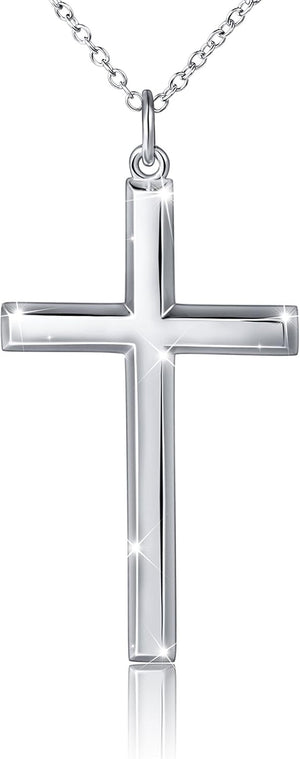 S925 Sterling Silver Large Cross Christian Faith Pendant Necklace 24 Inches Silver Chain Jewelry for Men Women