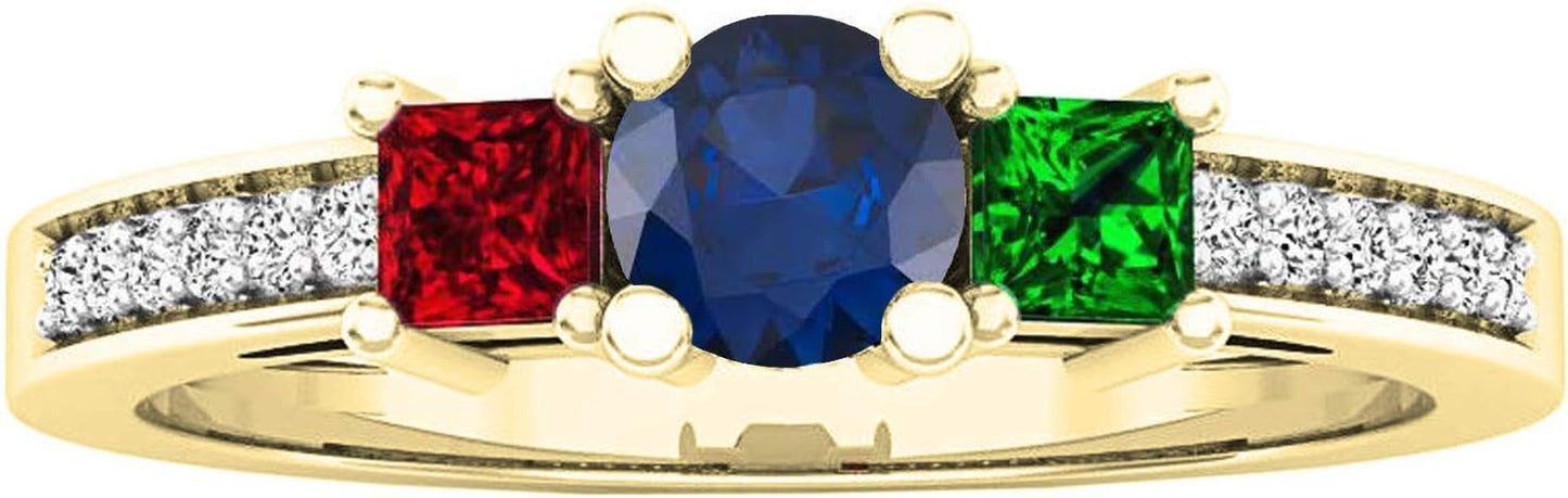 14K Princess & round Created Gemstone, Emerald,Ruby & round Diamond 3 Stone Ring, Yellow Gold