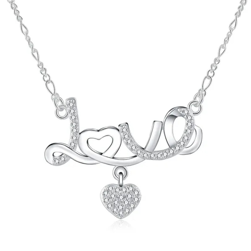 Pretty Women's 925 Sterling Silver Heart Beautiful LOVE Pendant Diamonds Necklace(with Chain)