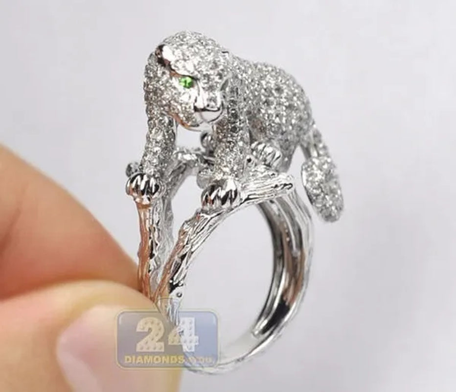 Sparkling 925 Sterling Silver Natural Gemstone White Sapphire Leopard Ring Party Unique Jewelry Gifts Size 6 7 8 9 10