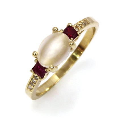 2.65 Ct Tw Natural Cabochon Moonstone, Red Ruby & Diamond Solid 14K Rose Gold 3 Stone Engagement Ring for Women 6 Mm (18K Yellow Gold, 4.25)