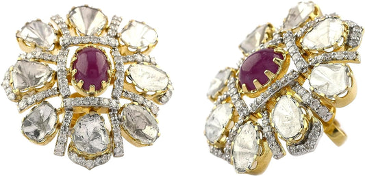 Solid 18K Yellow Gold Genuine Cabochon Ruby Diamond Art Deco Stud Earrings Certified Polki Diamond Earrings for Women