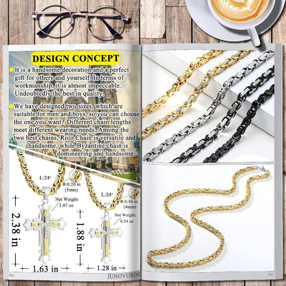 Stainless Steel Jesus Christ Cross Pendant Necklace for Men, 20 to 28 in Rolo/Byzantine Chain, 2 Sizes of Religious Jewelry with Silver/Gold/Black