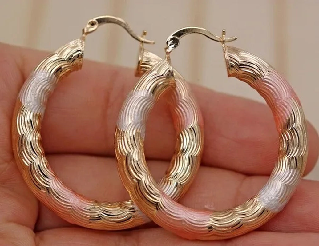 Gold Color Hoop Earrings for Women's Filled - Crude Tube Swirl Multilayer Circle 3-Color Plated Earrings