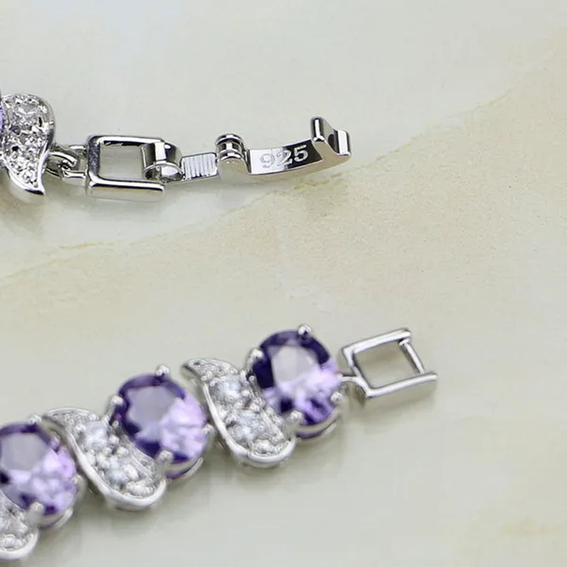 925 Silver Jewelry Purple Amethyst White CZ Charm Bracelets For Women