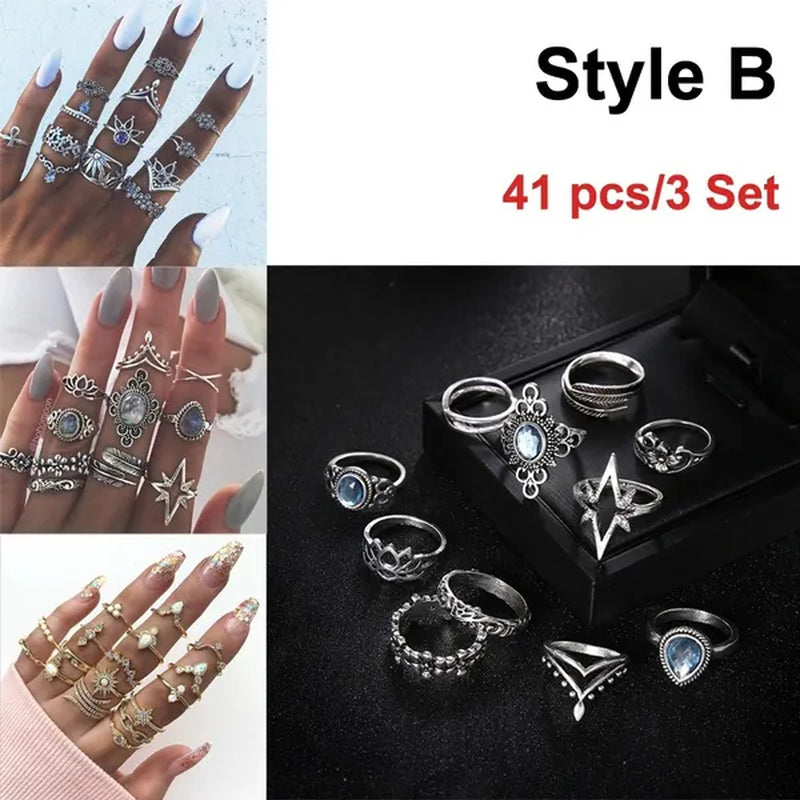43 Pcs/3 Set Best Selling English Virgin Mary Diamond Simple Pattern Joint Ring Set Small Flower Leaf Rings For Women