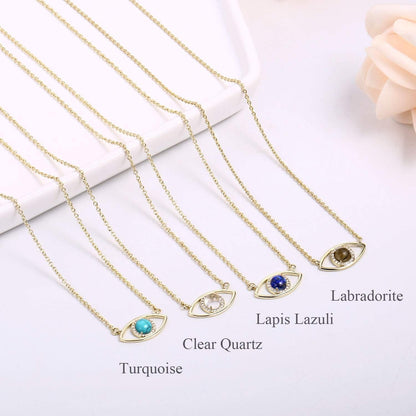 14K Gold Dainty Evil Eye Necklace for Women | Gemstone Necklace | Real Crystal Necklace for Women