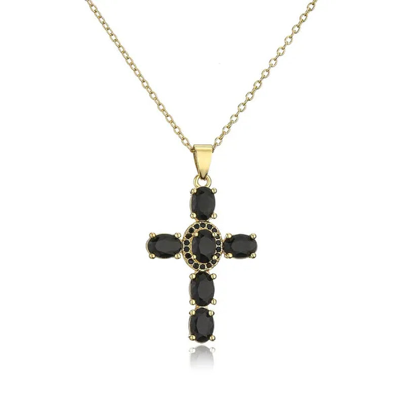 Fashion Jewelry Luxurious Temperament Gold-Plated Sapphire Emerald Ruby Topaz Amethyst Cross Pendant Necklace