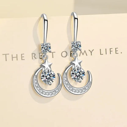 Female Fashion Star Moon Earrings Silver Plated Pink Blue White Cubic Zirconia Dangle Earrings Bride Wedding Engagement Anniversary Valentine'S Day Gift Jewelry