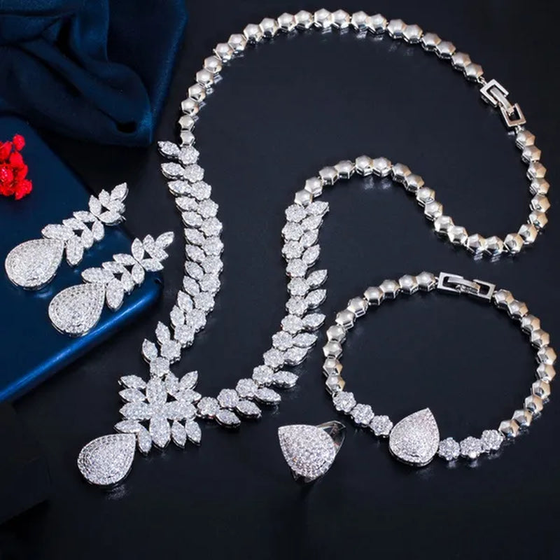 CANDICE High Quality Full Micro CZ Stone Pave Pear Water Drop Pendant Necklace&Earrings&Bracelet&Ring for Wedding Luxury Statement 4Pcs Jewelry Set