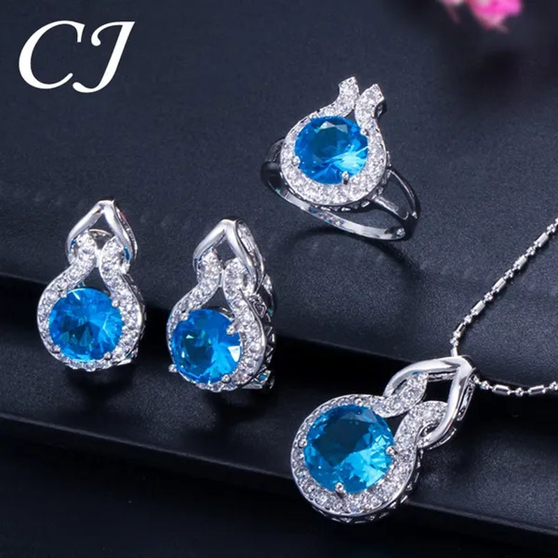 CANDICE Fashion Party Jewelry Set Sterling Silver Round Cut Blue Crystal Pendant Necklace Earrings Ring Set For Lady