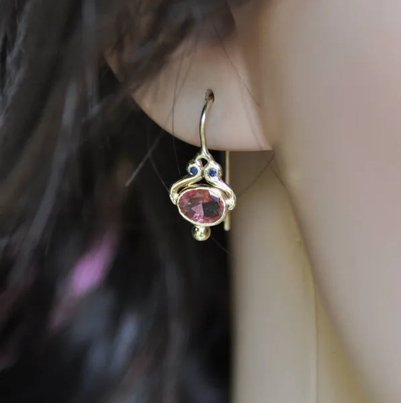 Unique   Blue Sapphire Oval Pink Tourmaline Gemstone Dangle Hook Earrings Women Jewelry Gifts